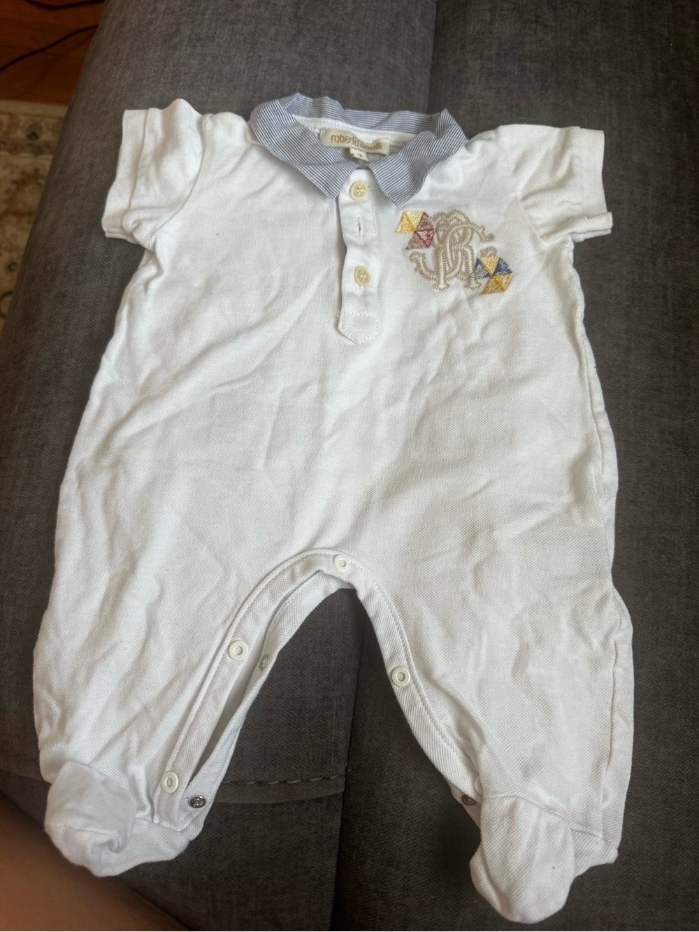 Cavalli Baby One-Piece Polo Romper in White with Contrasting Collar